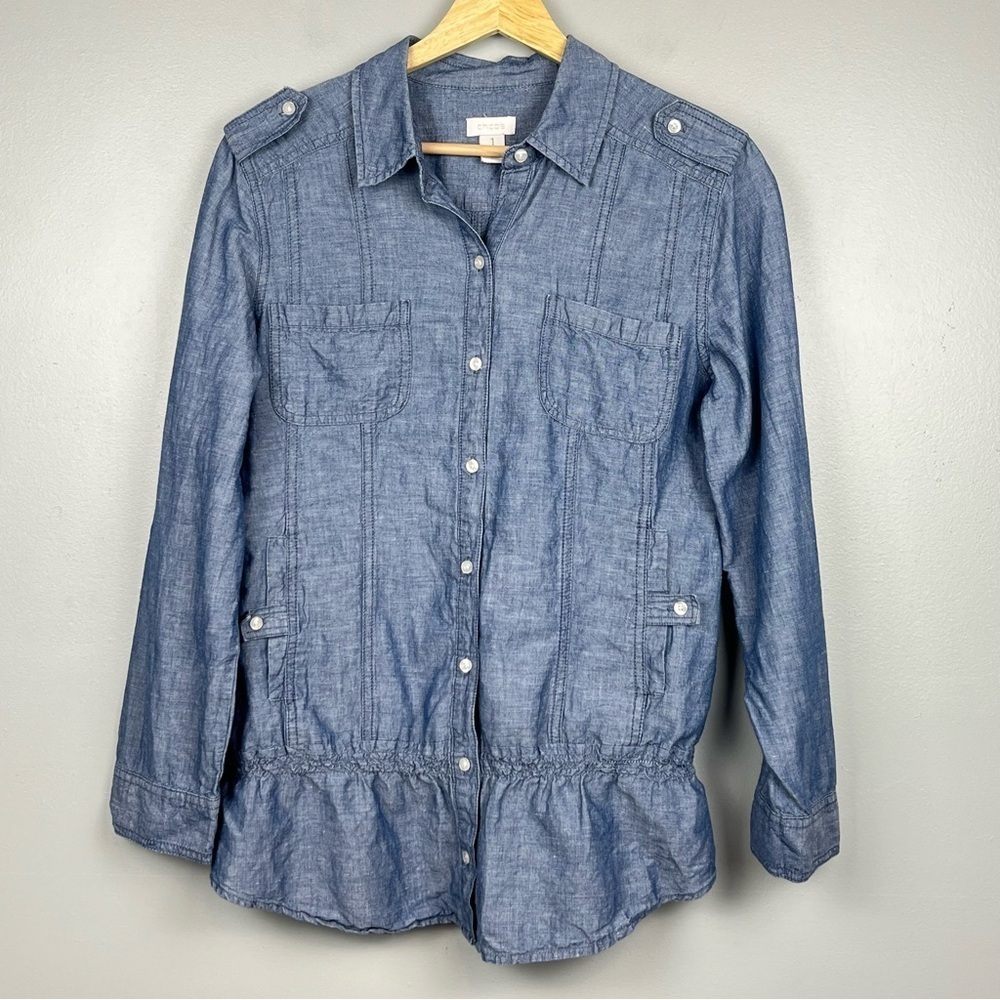 Chico’s chambray linen cotton blend roll tab sleeve button front shirt, medium.